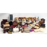 A large collection of vintage doll house furniture, including dolls, accessories, etc.