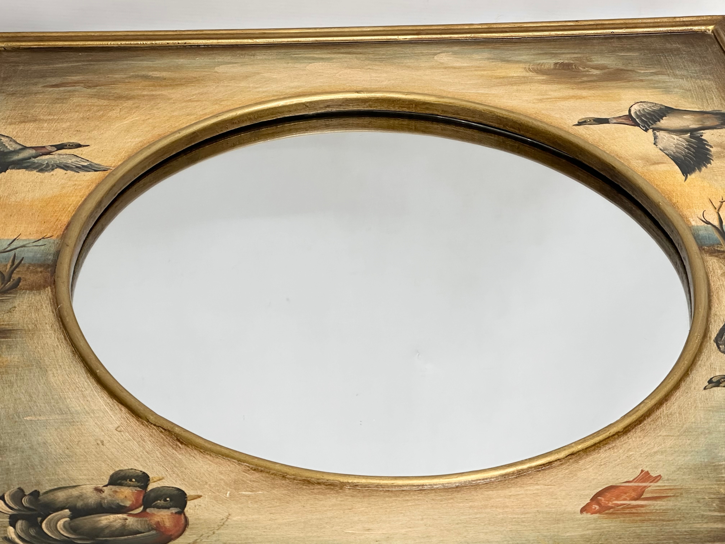 A large good quality gilt framed mirror with painted ducks and birds in flight. 77x88cm C - Image 2 of 3