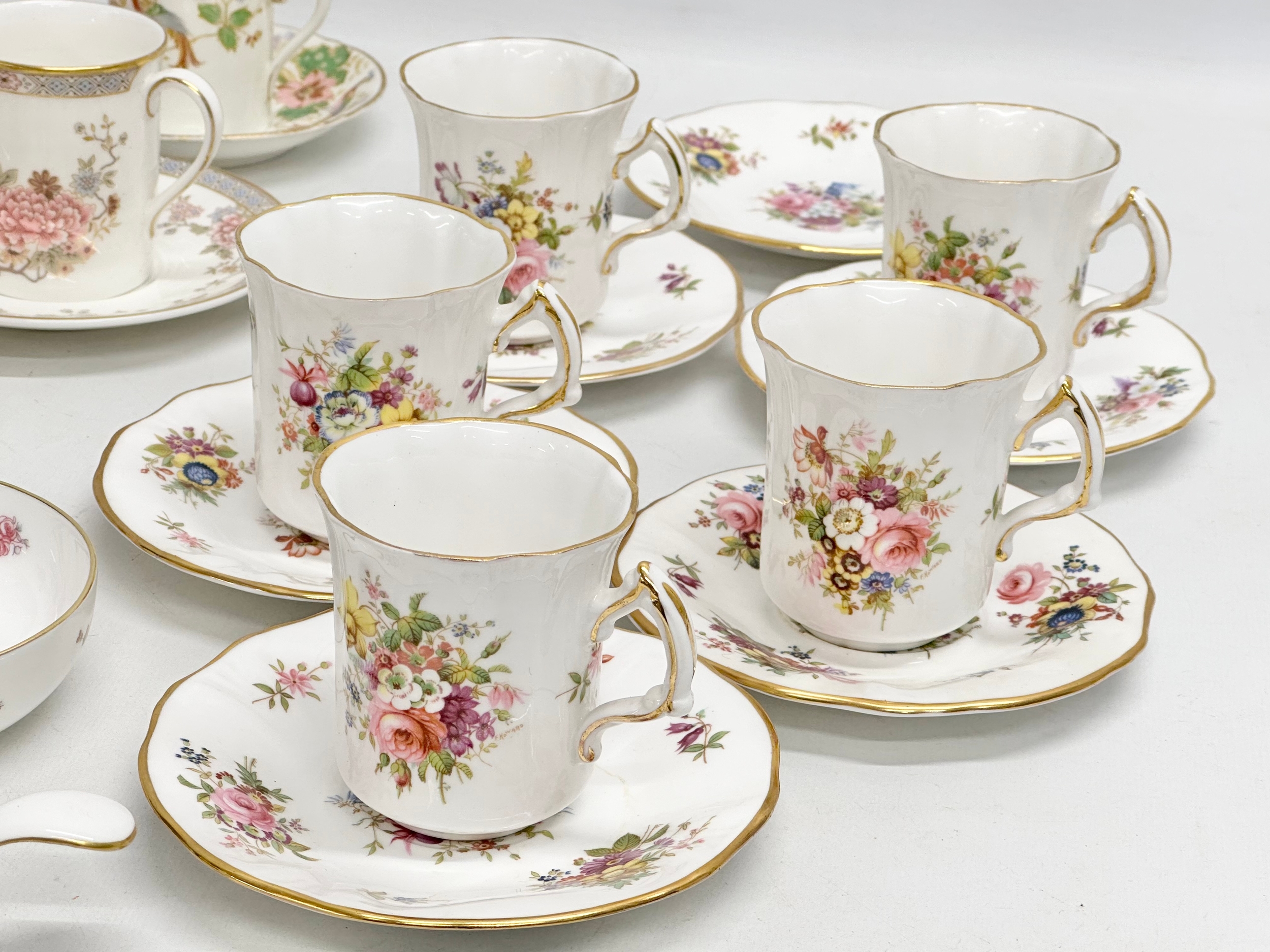 3 part coffee services. A Royal Crown Derby Posies sugar bowl and sieve. 7 piece Royal Worcester ‘ - Image 2 of 9