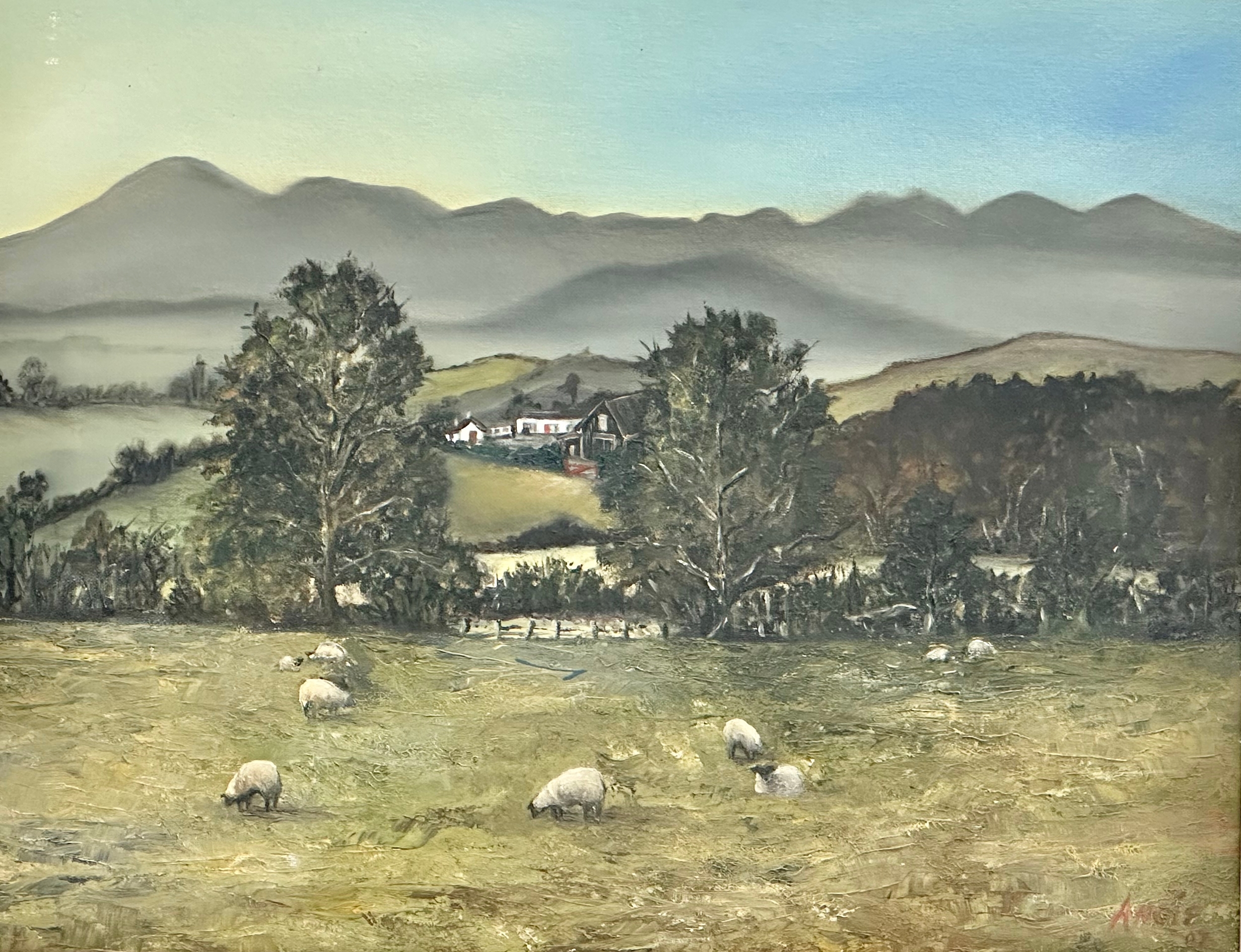 A large oil painting by Angie. Sheep’s in the Field. 49x39cm. Frame 66x56cm - Image 2 of 4
