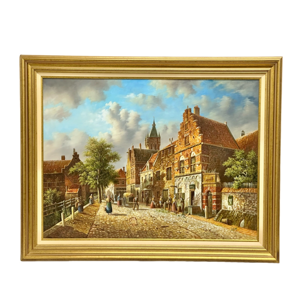 A large oil painting on board by Franklin. Dutch Street Scence. 101x75.5cm. Frame 121x96cm - Image 4 of 4