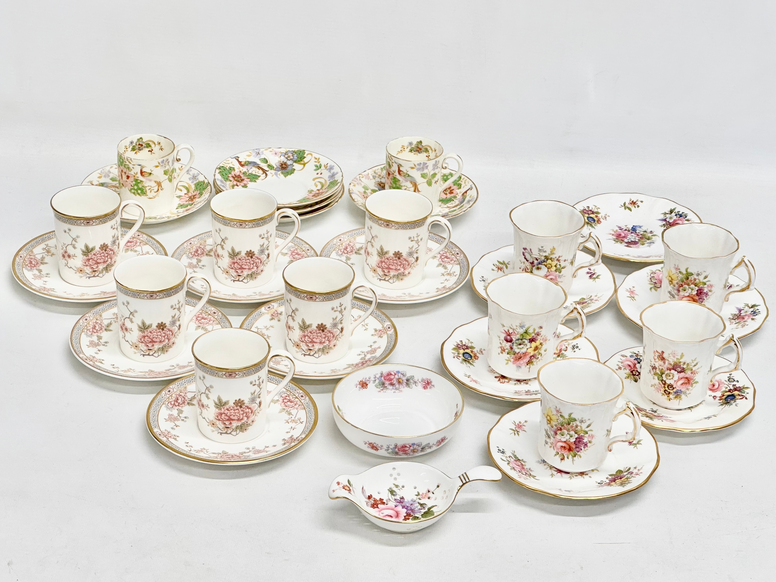 3 part coffee services. A Royal Crown Derby Posies sugar bowl and sieve. 7 piece Royal Worcester ‘