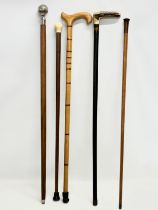 5 good quality vintage walking sticks. Largest 93cm