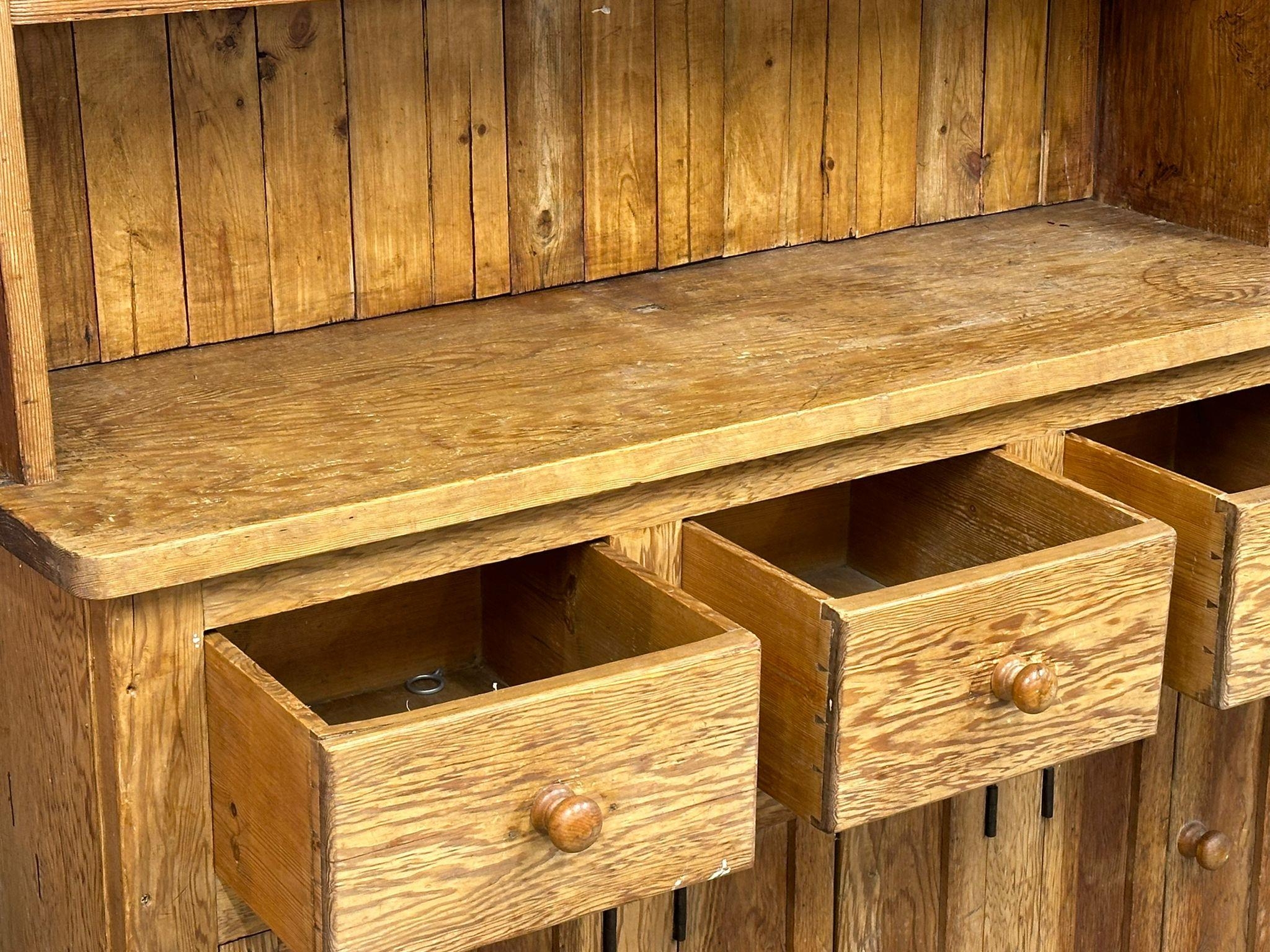 A large Late 19th Century Victorian pine kitchen dresser. 144x48x221cm - Image 5 of 8