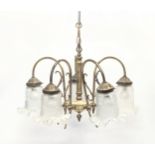 A mid to late 20th century brass chandelier with etched glass shades with frilled rims. 56x66cm