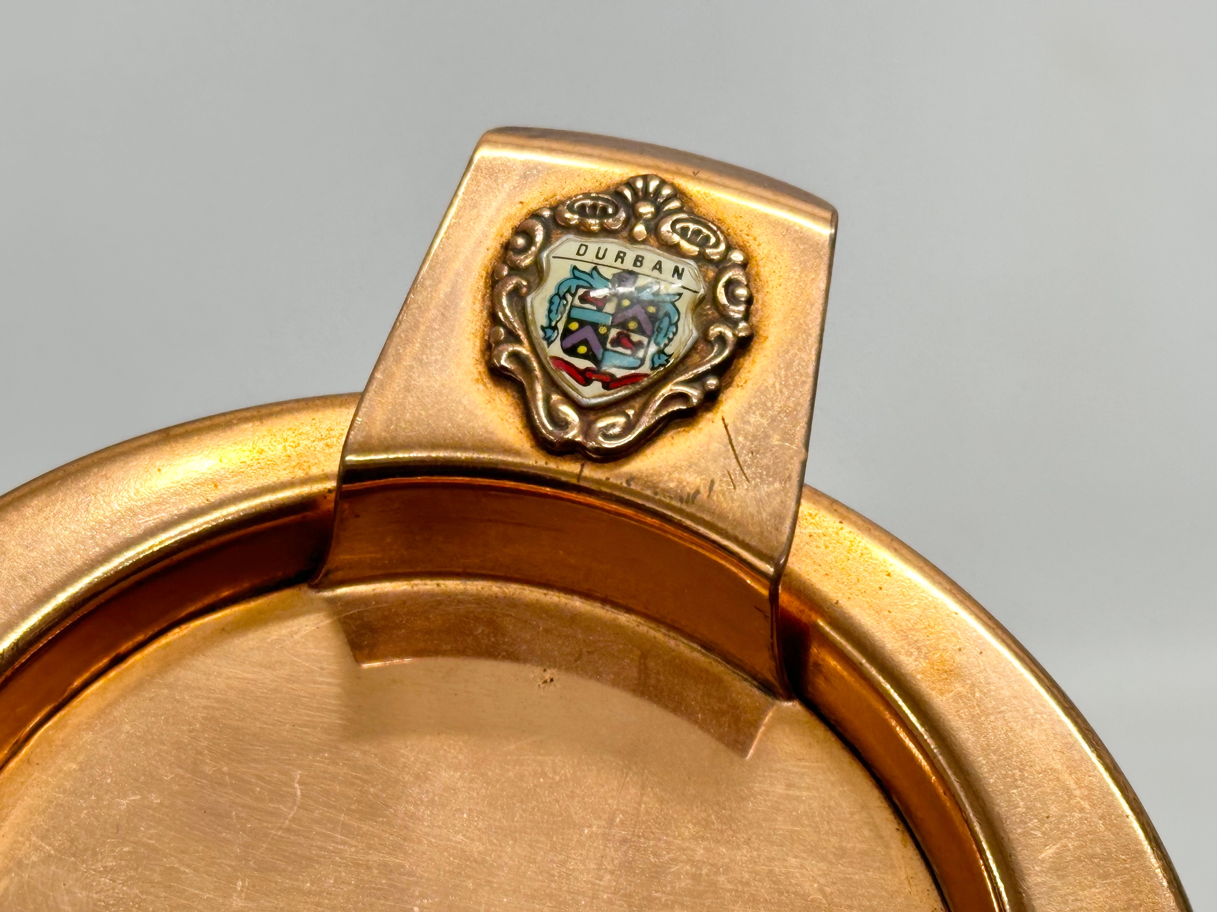 A pair of South African Durban Lines ships copper and leather bound ashtrays. 11.5x13x8cm - Image 4 of 8