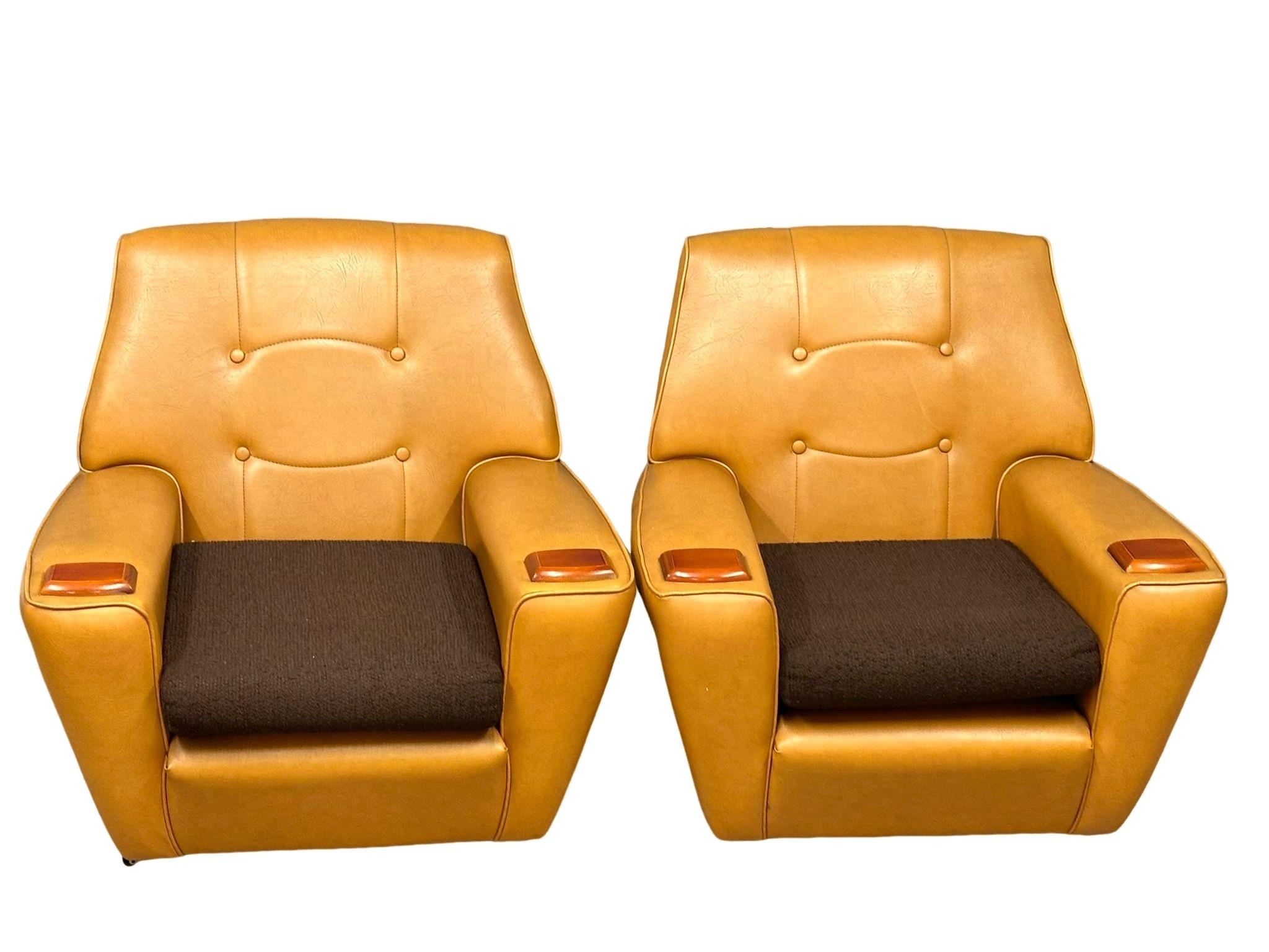 A pair of Mid Century faux leather armchairs with teak padded arms. 1970’s. - Image 2 of 4