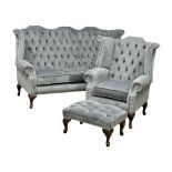 A 3pc Victorian style deep buttoned wing back suite. Including a 3 seater wing back sofa and