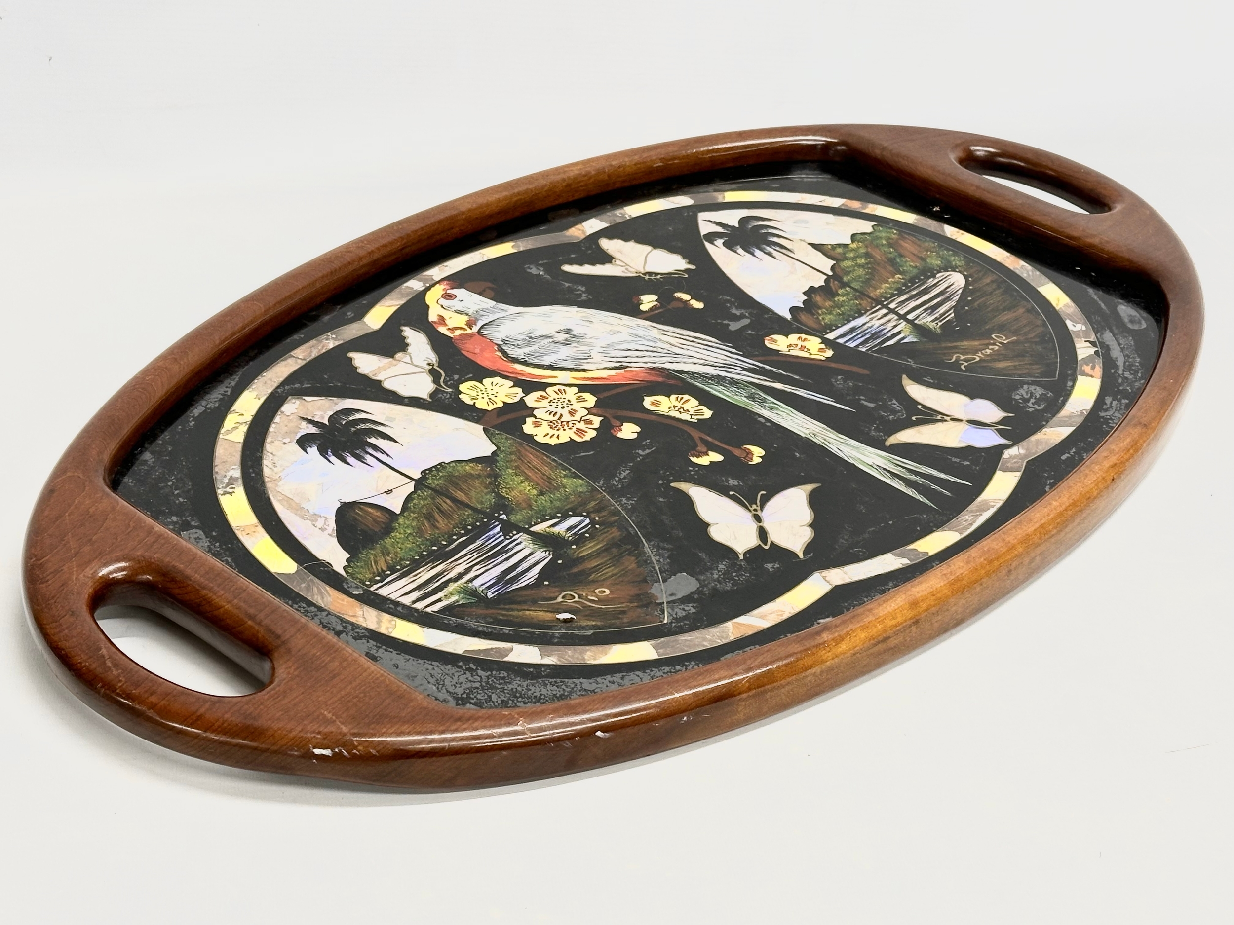 A Mid 20th Century Brazilian serving tray with Mother of Pearl parrot and butterfly design. 70x41cm - Image 6 of 7