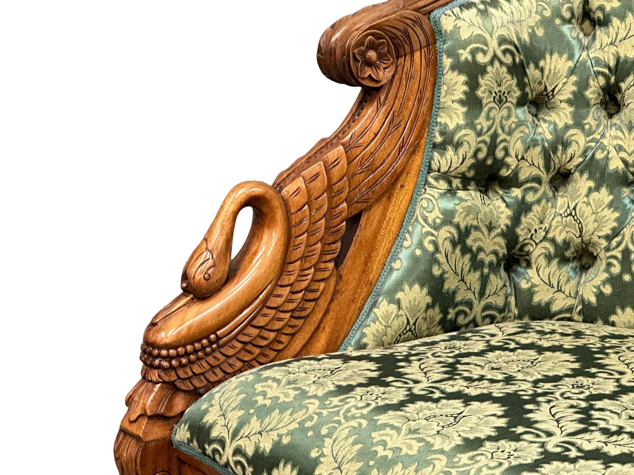 A French Empire style carved swan design 2 piece suite. Tub chair and 2 seater sofa. 126cm - Image 2 of 8