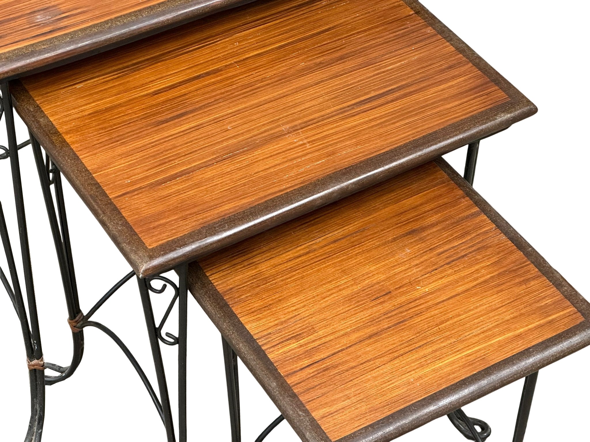 A mid century teak top nest of tables with wrought iron base. 62.5x42x63.5cm - Image 2 of 3