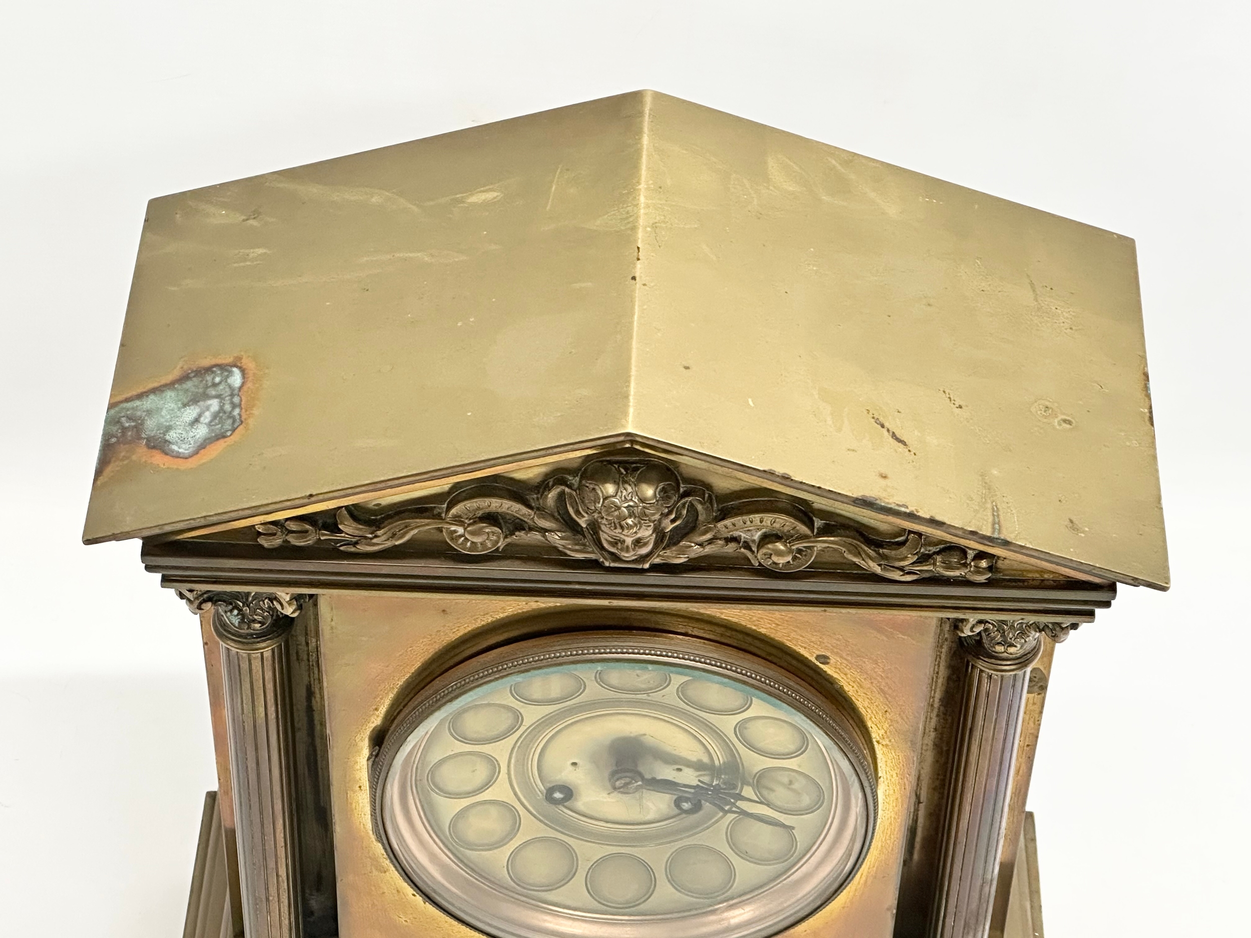 A large late 19th century French brass mantle clock by AD Mougin Deux Medailles. With pendulum. 28. - Image 3 of 8