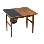 A Danish Mid Century walnut and ebony drop leaf sewing table. Open 73x69x60cm. Closed 69x45x60cm