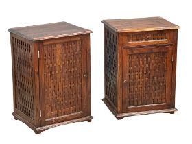 A pair of mahogany bedsides with mesh doors and sides. 52x42x74cm