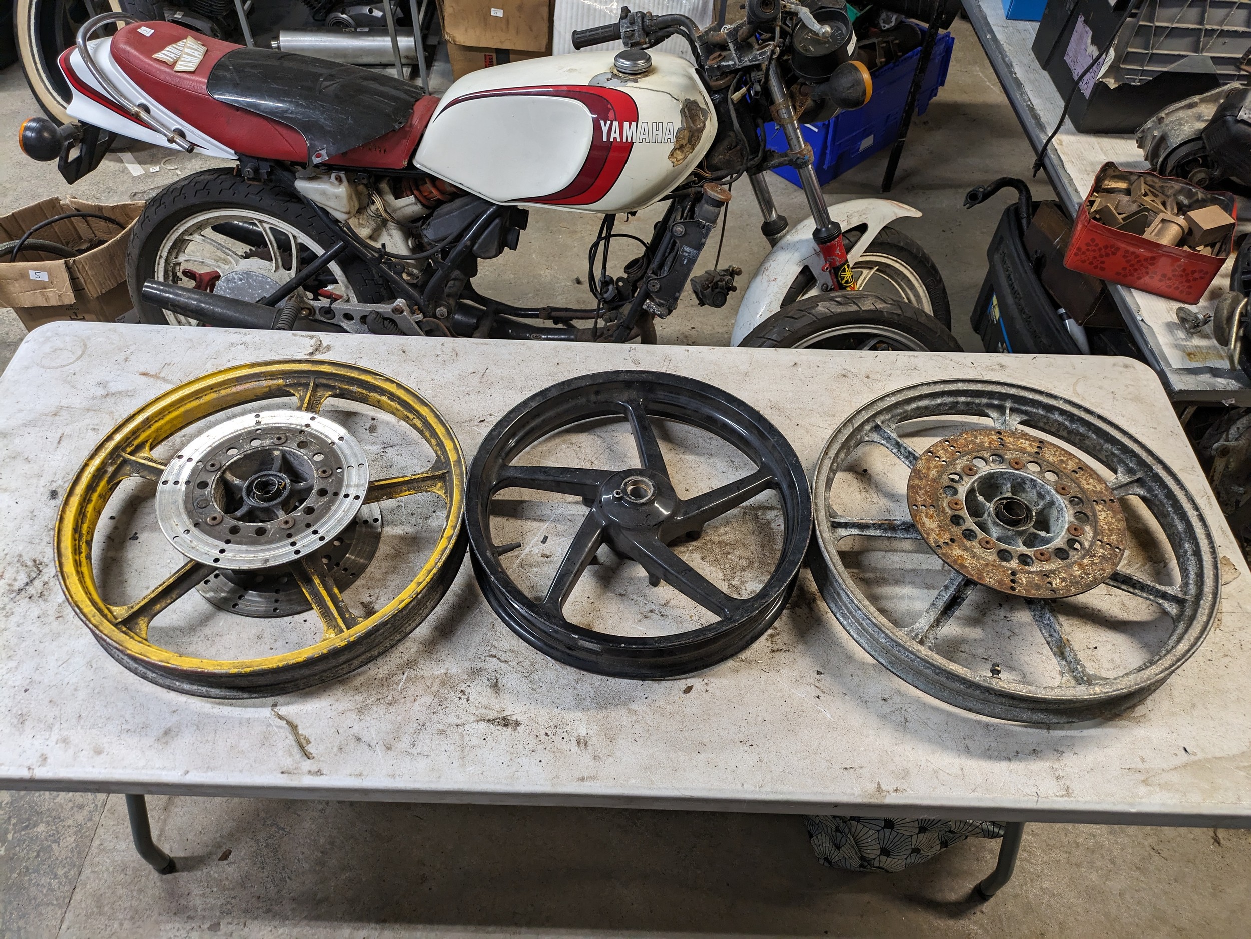3 motorbike wheels, Kawasaki and Aprilia