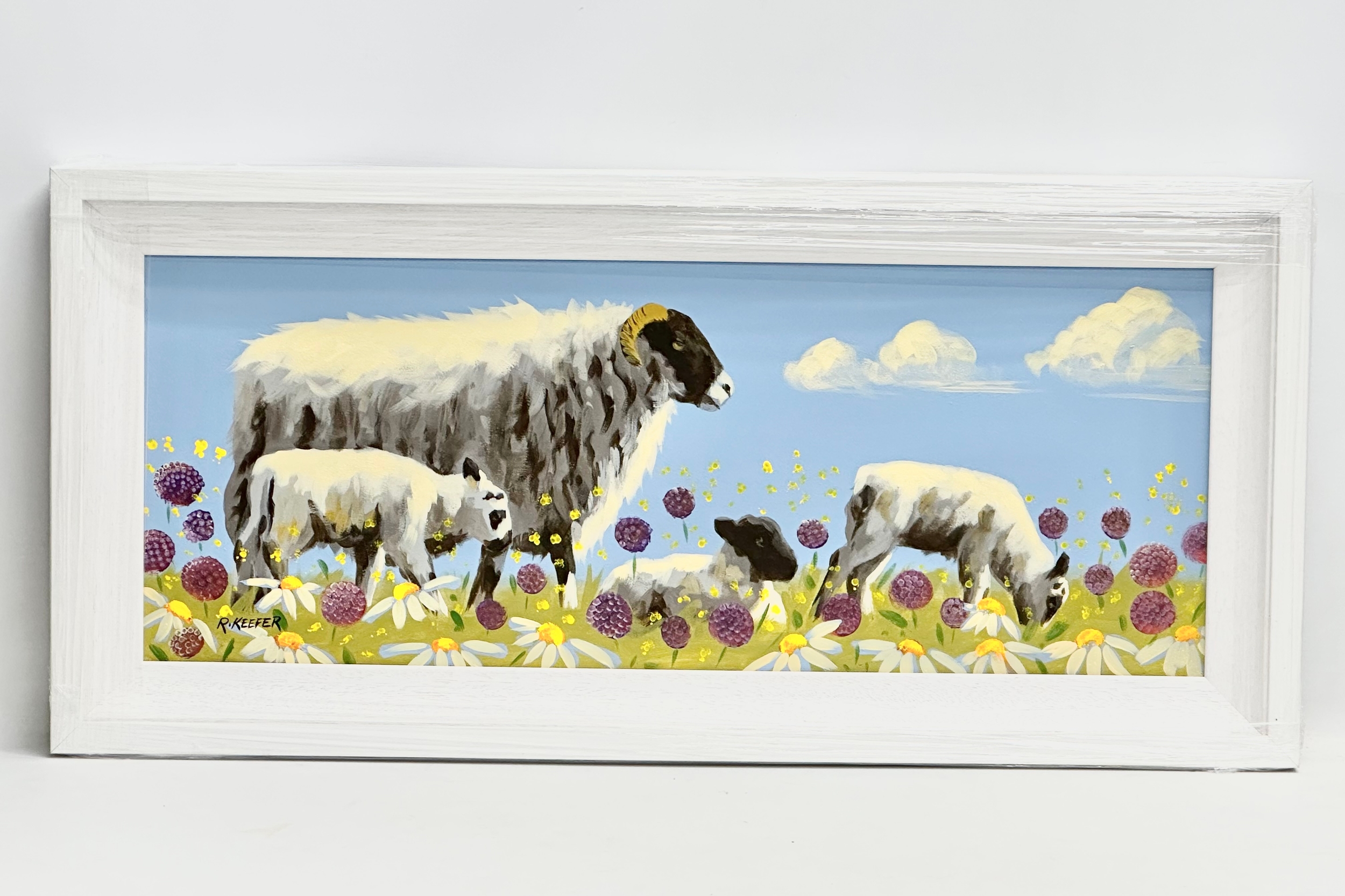 An oil painting on board by Ron Keefer. Sheep in the Field. 75x29cm. Frame 87.5x41cm