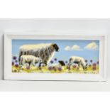 An oil painting on board by Ron Keefer. Sheep in the Field. 75x29cm. Frame 87.5x41cm