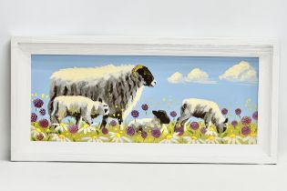 An oil painting on board by Ron Keefer. Sheep in the Field. 75x29cm. Frame 87.5x41cm