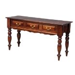 A large mahogany console table with 3 drawers and turned legs. 140x49x75cm