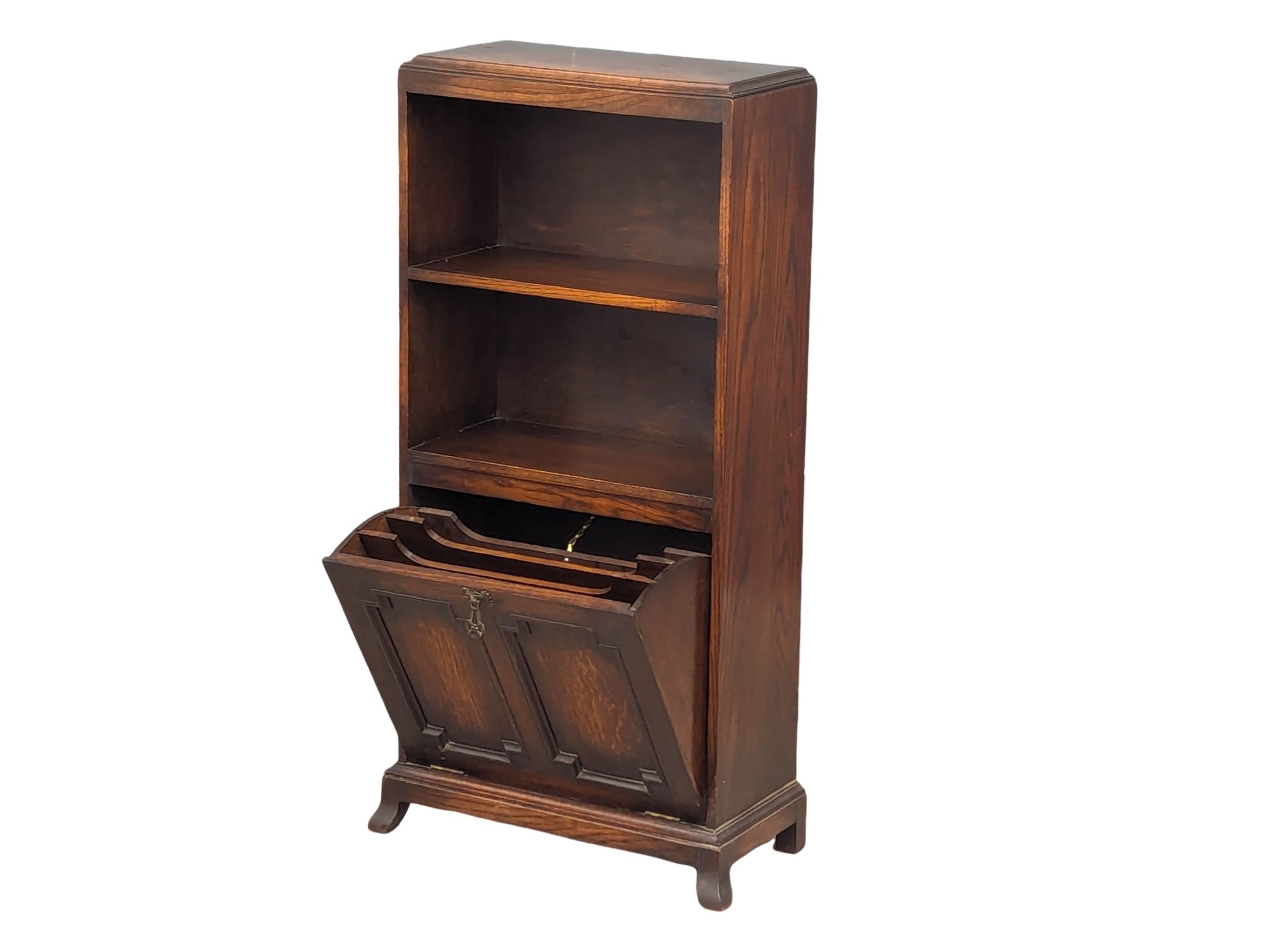 A vintage oak open bookcase with drop down paper rack. 48.5x22.5x105cm - Image 5 of 7