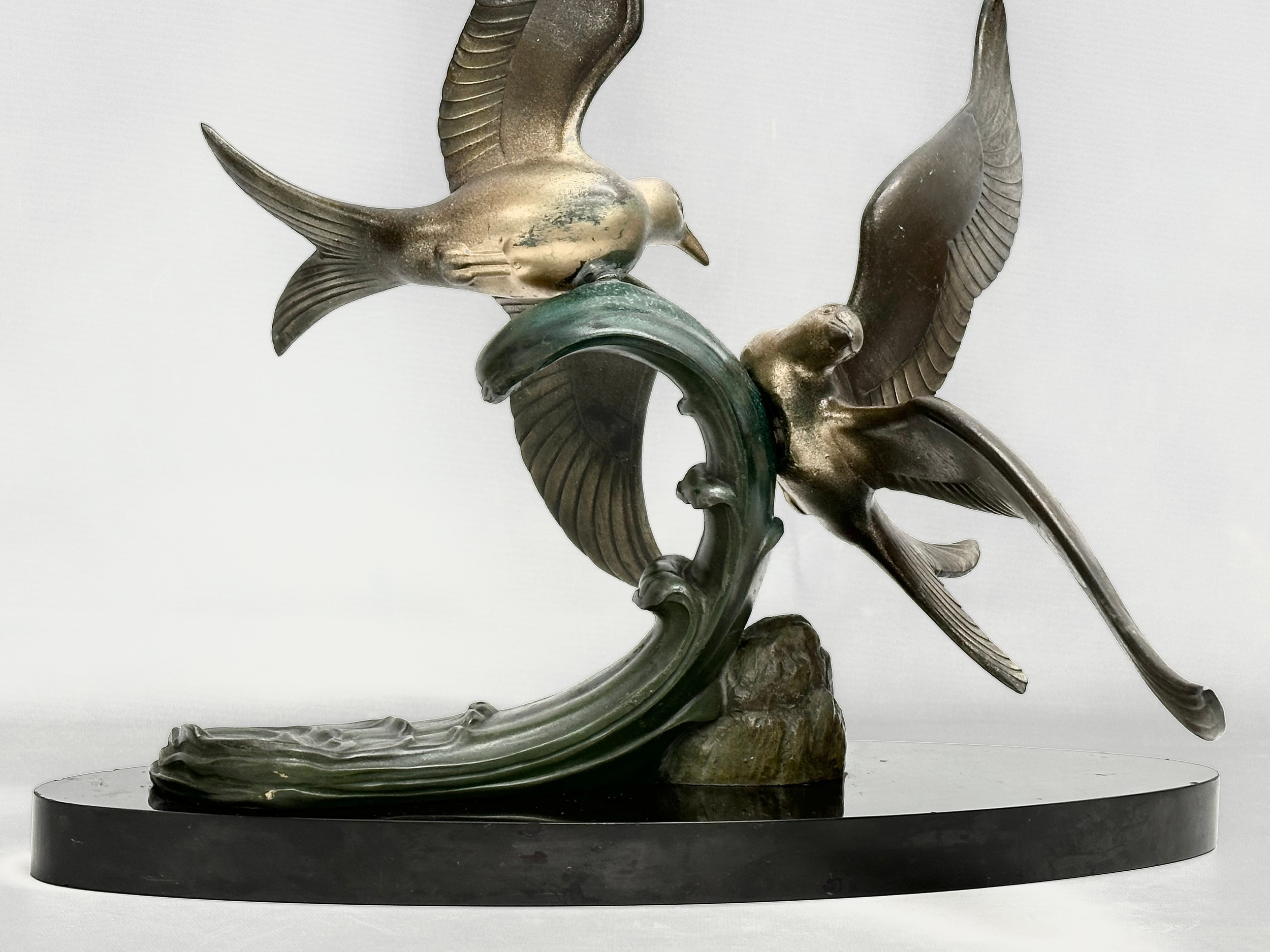 A large 1920’s Art Deco ‘Paradis’ spelter figure on slate base. 47x45x50cm - Image 2 of 7