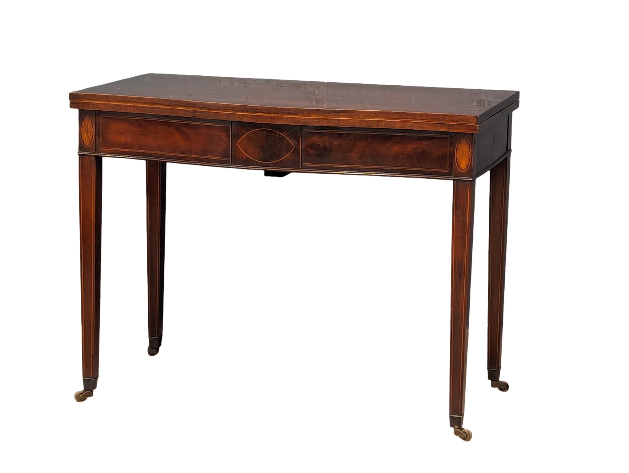 A Sheraton style inlaid mahogany turnover tea table/dining table