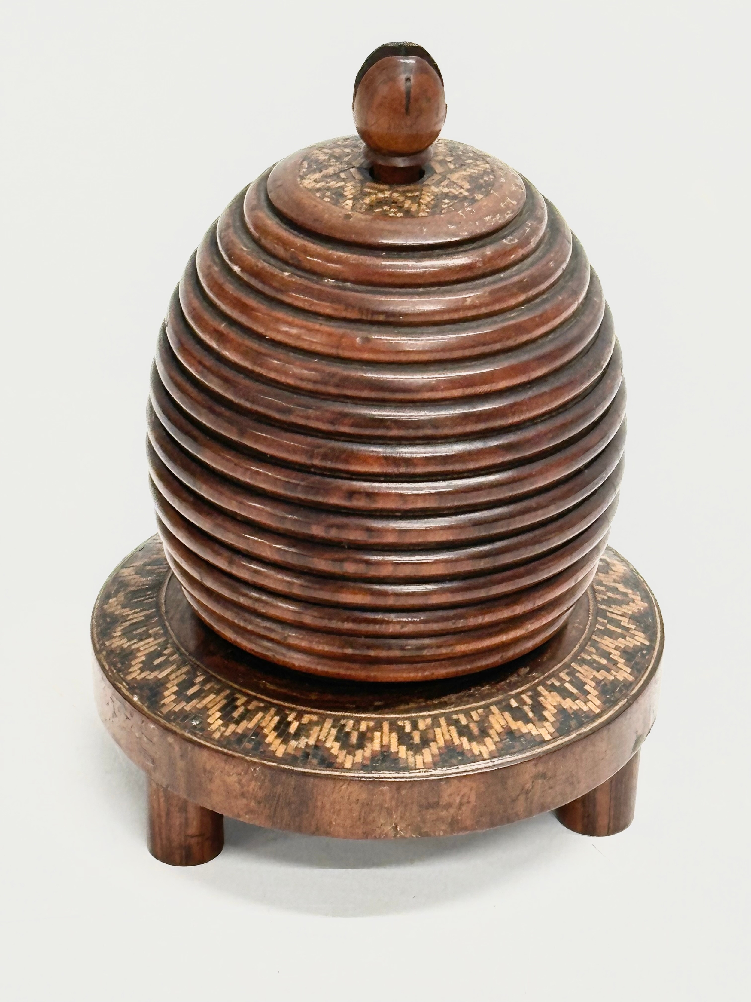 A Mid 19th Century Lignum Vitae turned fruitwood beehive string box. 9x12cm - Image 2 of 7