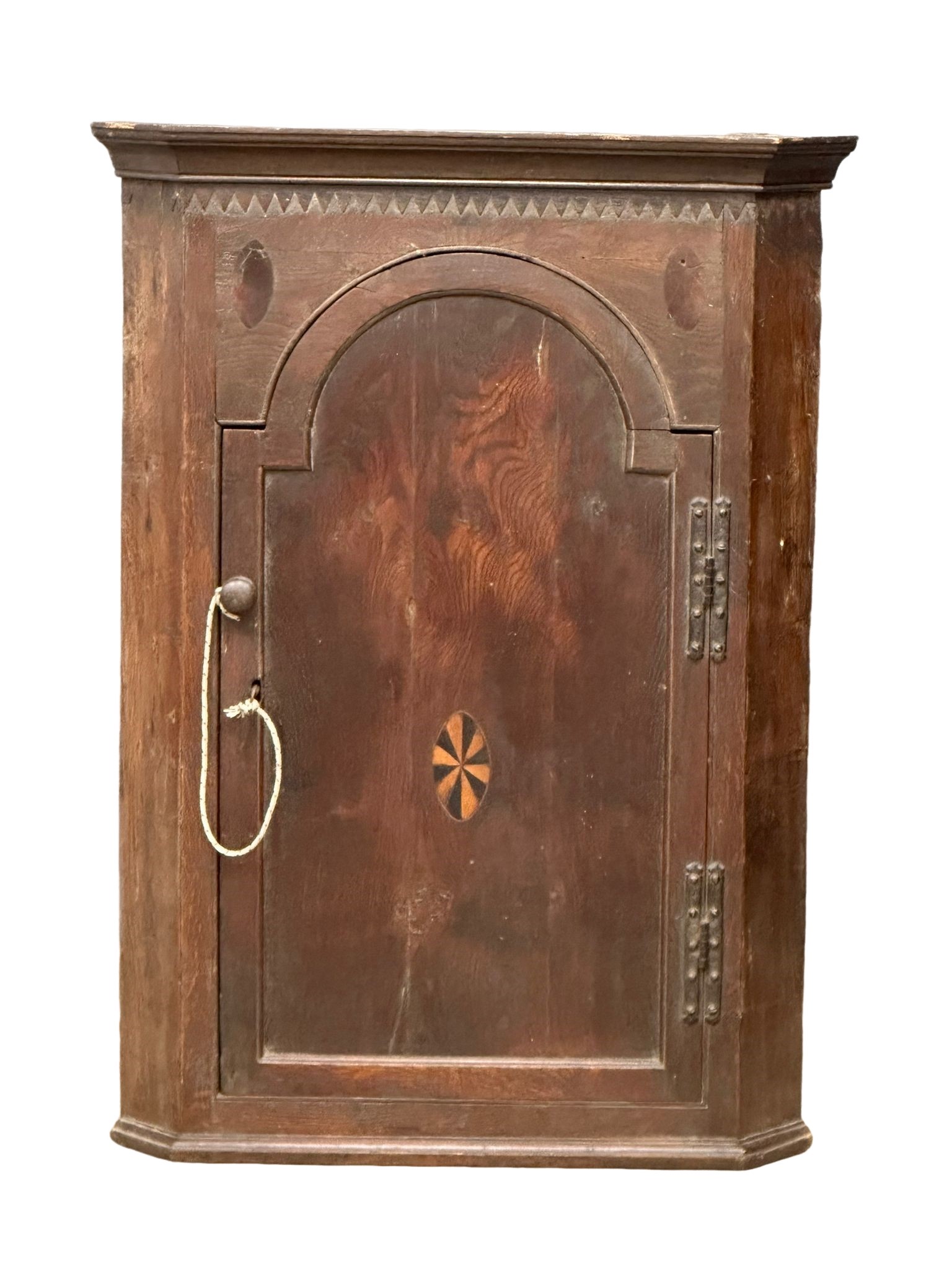 A George III inlaid oak wall hanging corner cupboard with original green painted interior. Circa