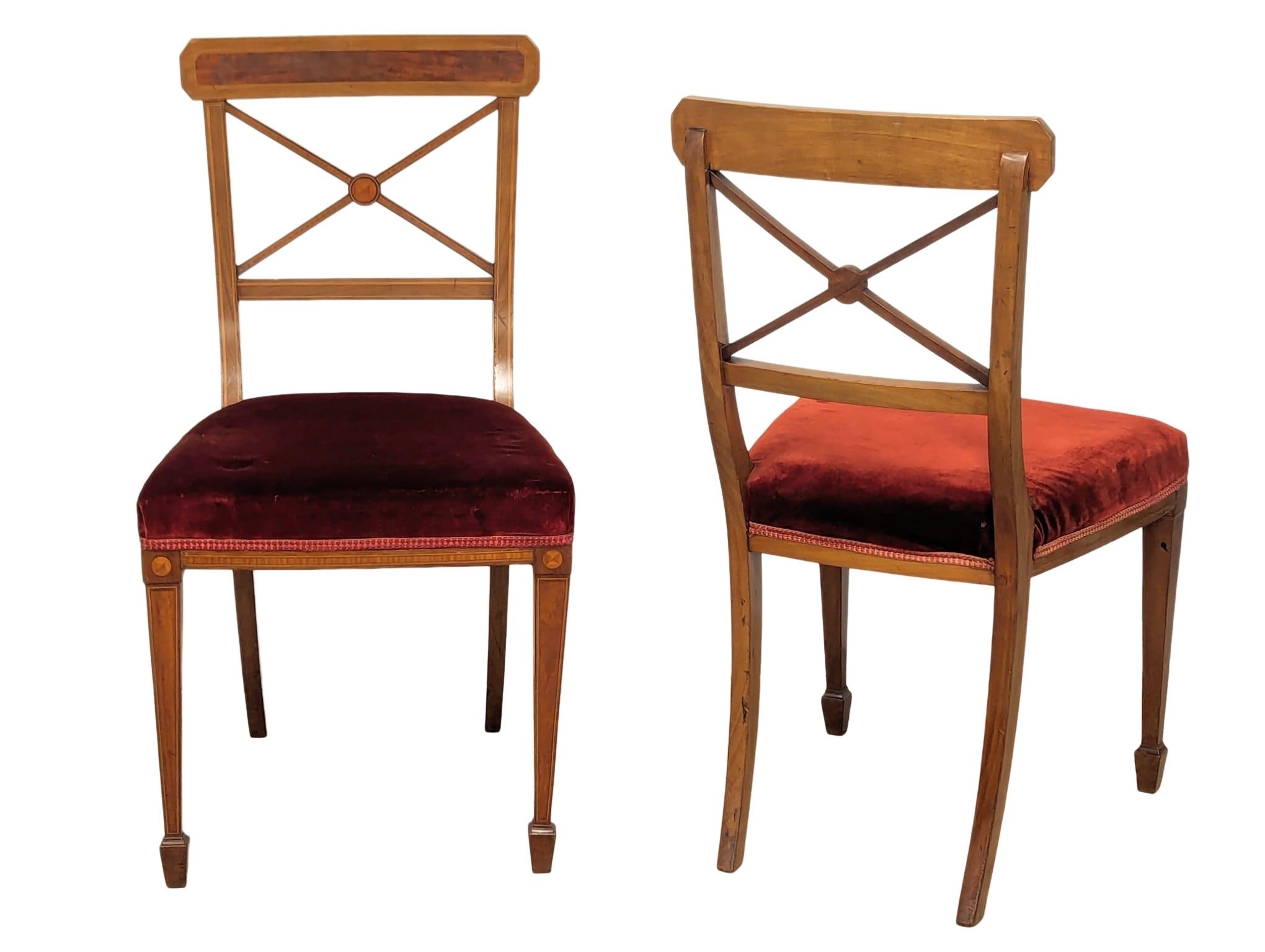 A pair of Edwardian inlaid mahogany side chairs on square tapering legs. In the Sheraton style. - Image 8 of 8