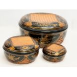 3 Japanese hand painted lacquered baskets with lids. 33x16cm