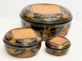 3 Japanese hand painted lacquered baskets with lids. 33x16cm