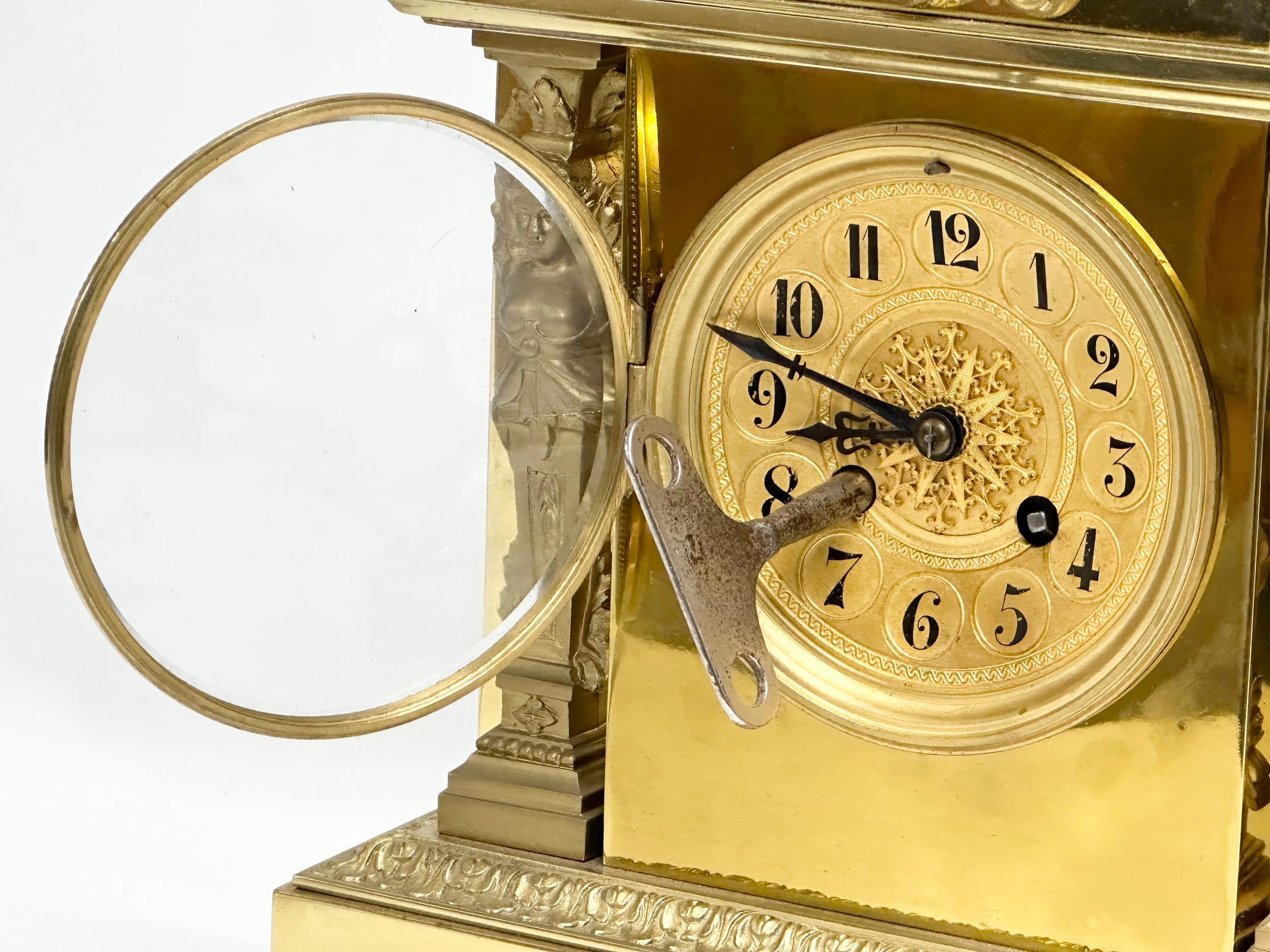 A late 19th century French brass mantle clock on stand. L. Marti Medaille D’Argent 1889. With key - Image 6 of 9