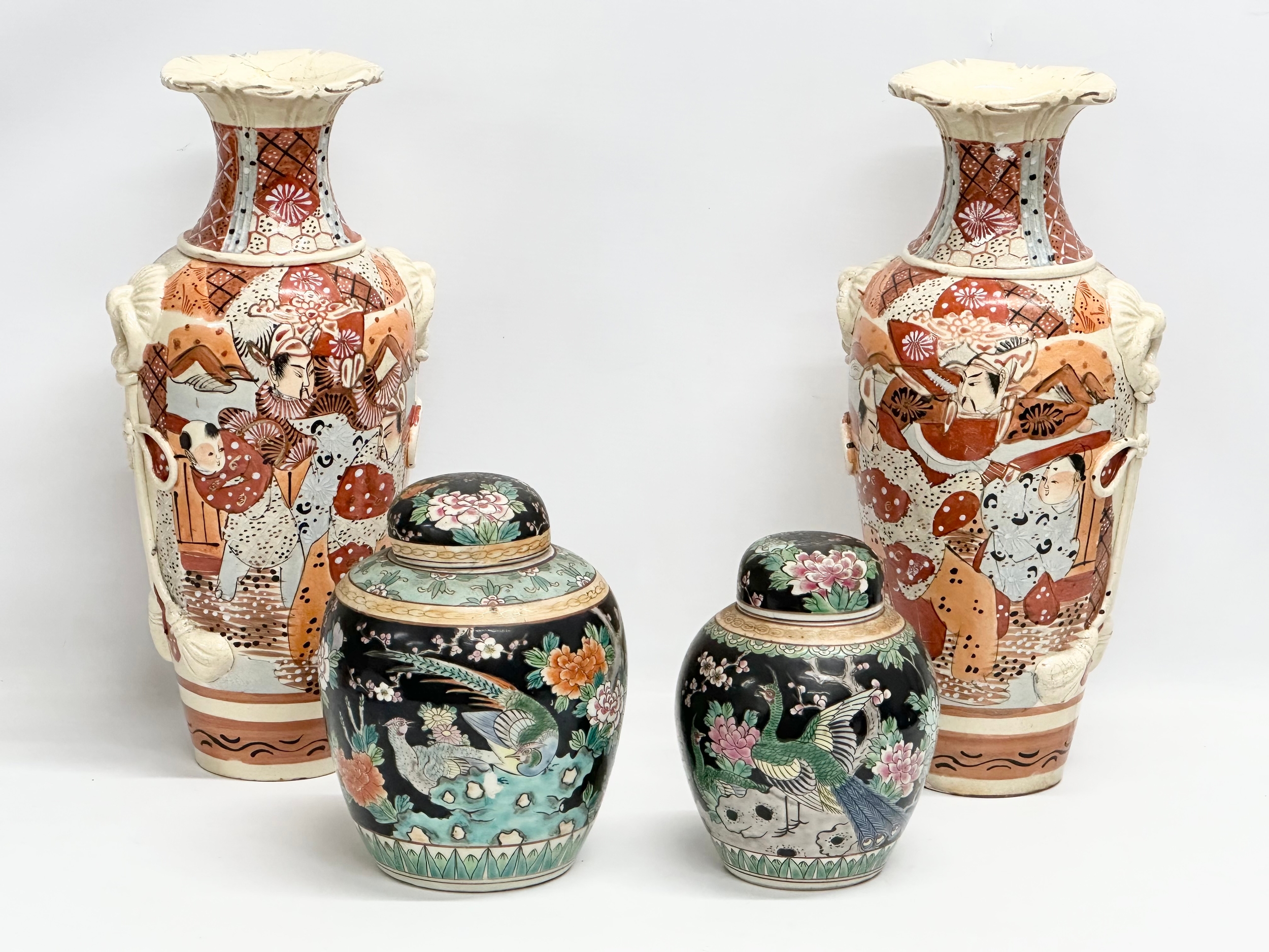 A pair of large Late 19th Century Japanese Satsuma vases, together with a pair of Early 20th Chinese