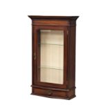 A Georgian style mahogany wall hanging display cabinet with glass shelves and drawer. 50.5x19.5x85cm
