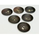 An excellent set of 6 signed Japanese Meiji period Amita gold and silver inlaid iron dishes. 10cm