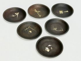 An excellent set of 6 signed Japanese Meiji period Amita gold and silver inlaid iron dishes. 10cm