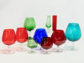 A collection of Mid 20th Century Art Glass brandy glass vases etc. mostly Empoli. 25x26cm. Pair