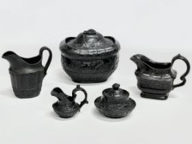 5 pieces of Late 18th/Early 19th Century English black basalt pottery. Sugar bowl with lid