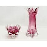 2 pieces of Bohemian Glass designed by Josef Hospodka. A bowl 15x16x12cm. Vase 30.5cm