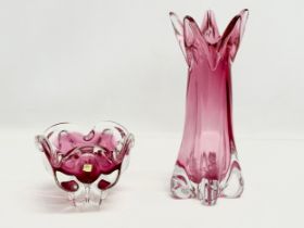 2 pieces of Bohemian Glass designed by Josef Hospodka. A bowl 15x16x12cm. Vase 30.5cm