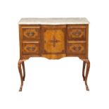 An Early 20th Century walnut and beech French marble top low boy chest. 82x45x80.5cm