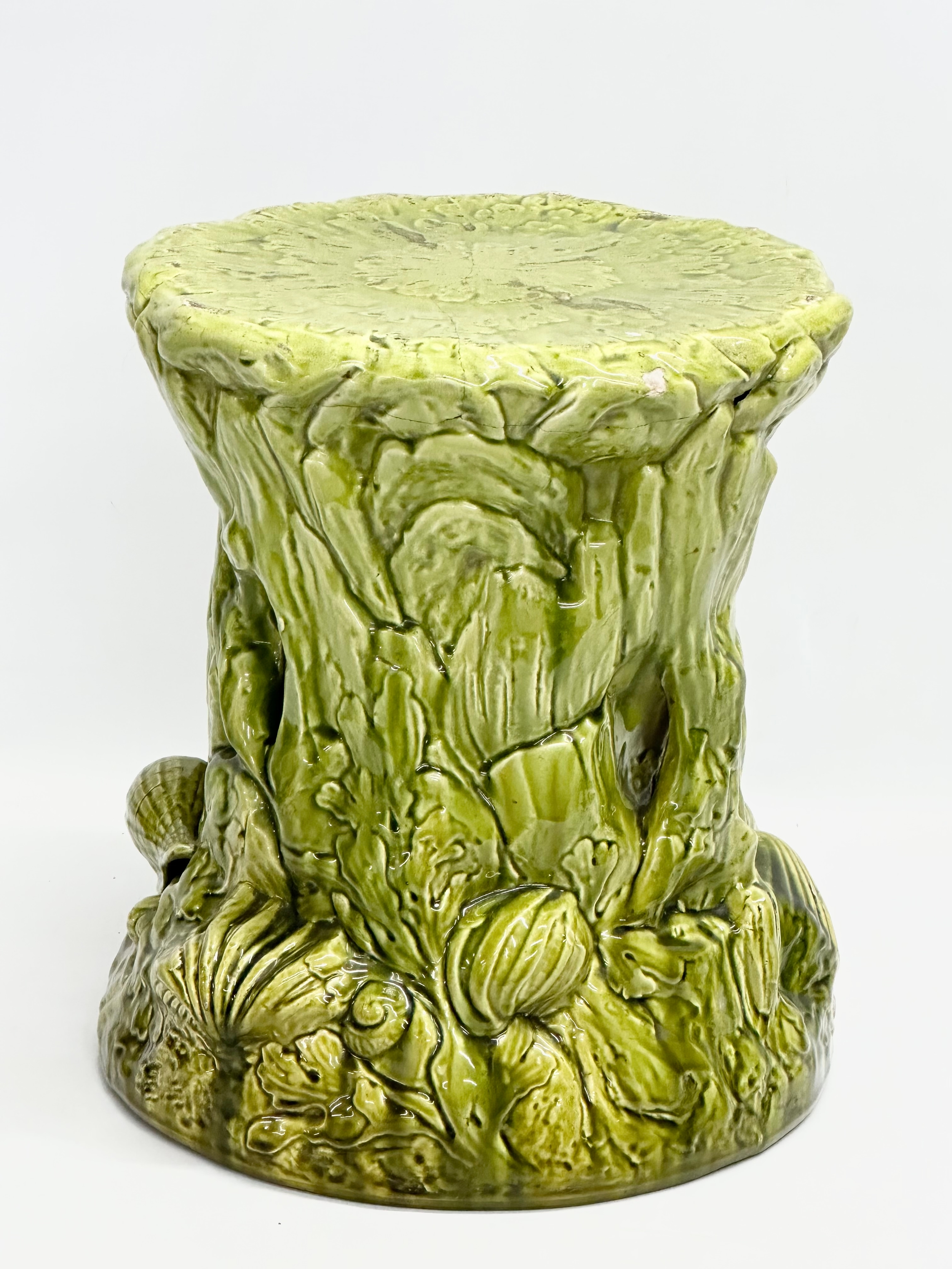 2 Late 19th Century Majolica garden seats/jardiniere stands. 1 (Bretby) damaged. 35x29cm. 31x34cm - Image 6 of 16