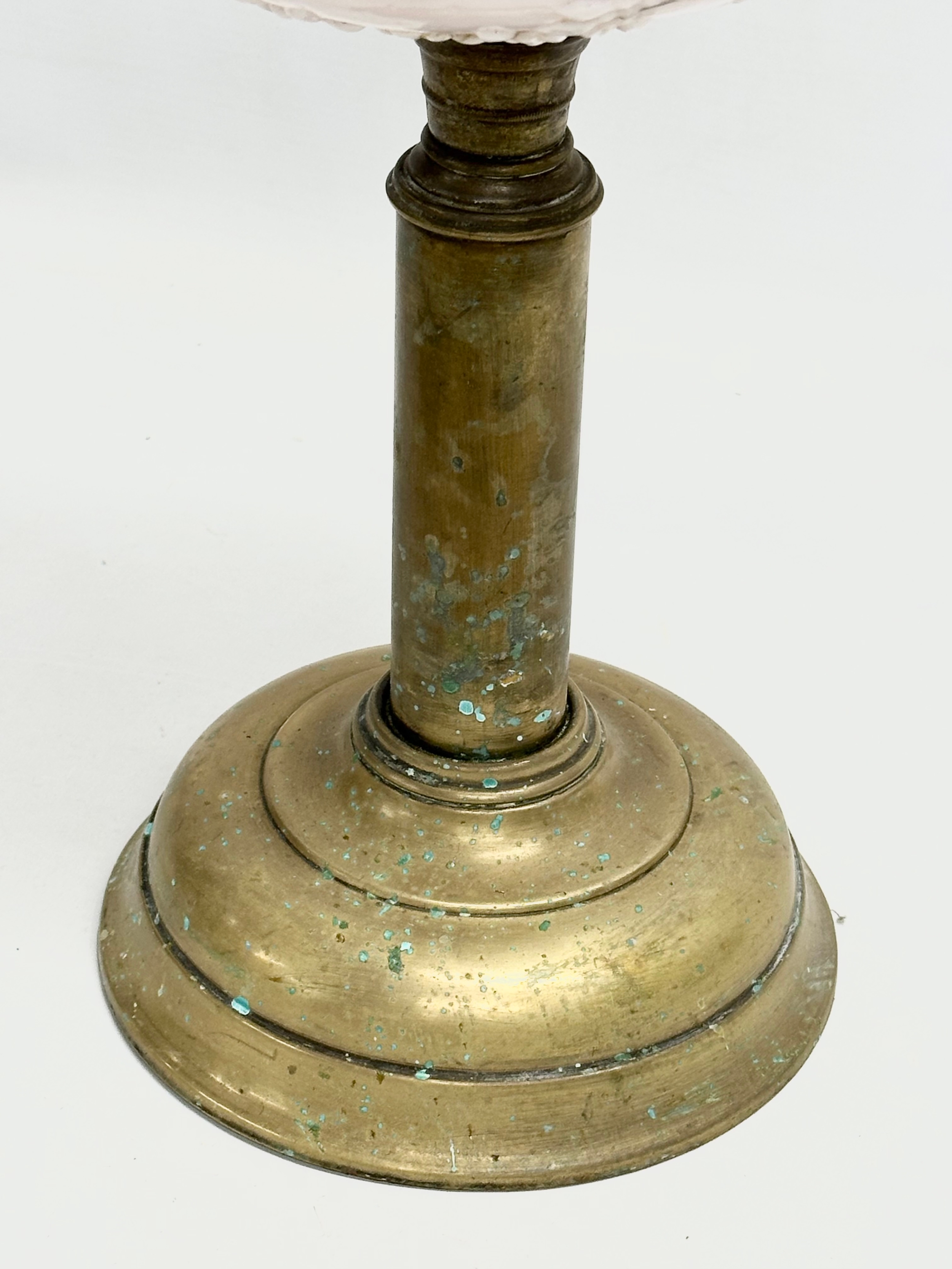A Victorian embossed milk glass oil lamp with brass column. 35cm - Image 3 of 3