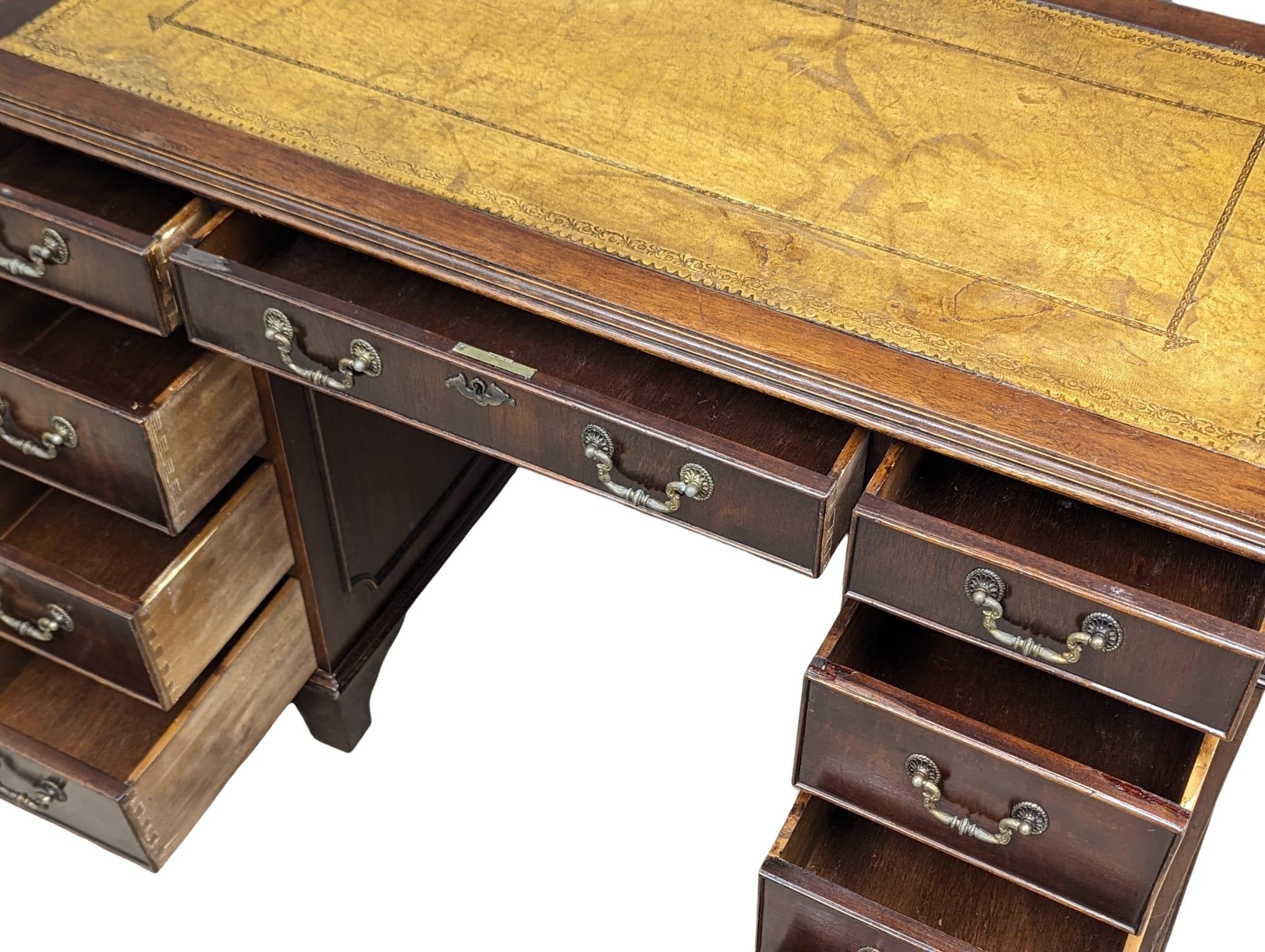 A George III style mahogany leather top desk, 118cm x 60cm x 77cm - Image 3 of 8