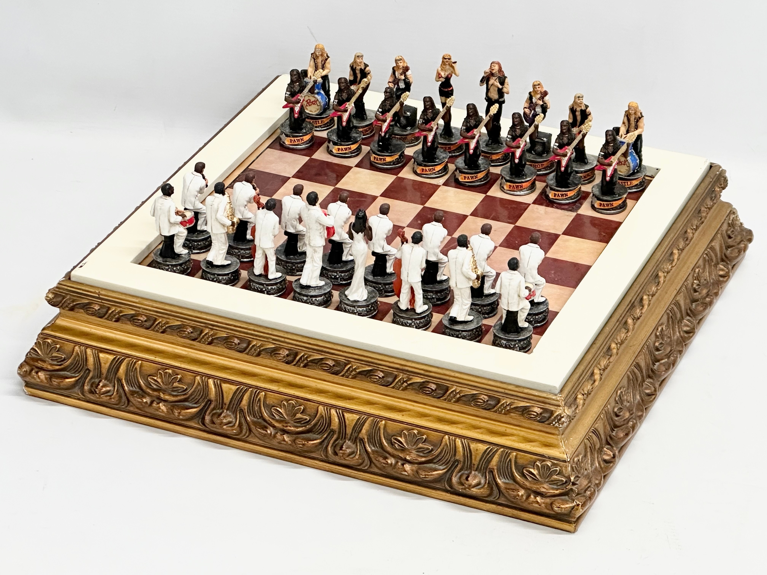 A large ‘Jazz vs Rock’ chess set. Board measures 42x42x10cm