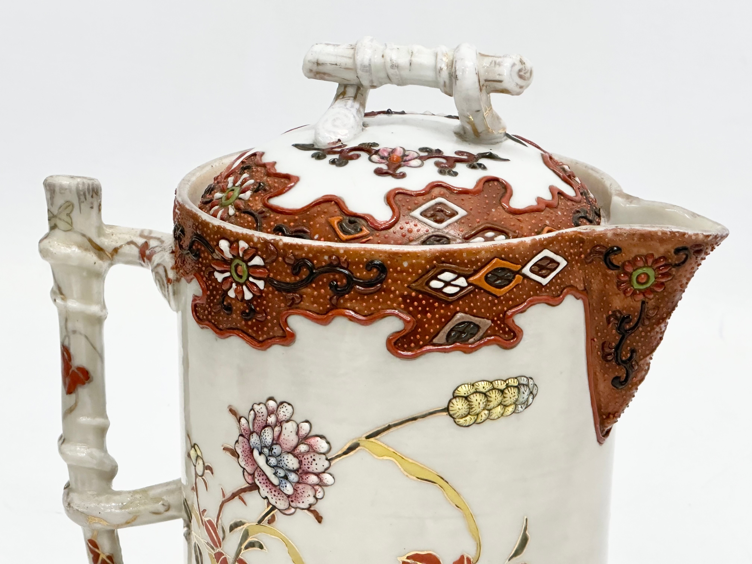 A 19th Century Japanese hand painted chocolate pot/teapot. With bamboo design handle and embossed - Image 7 of 13