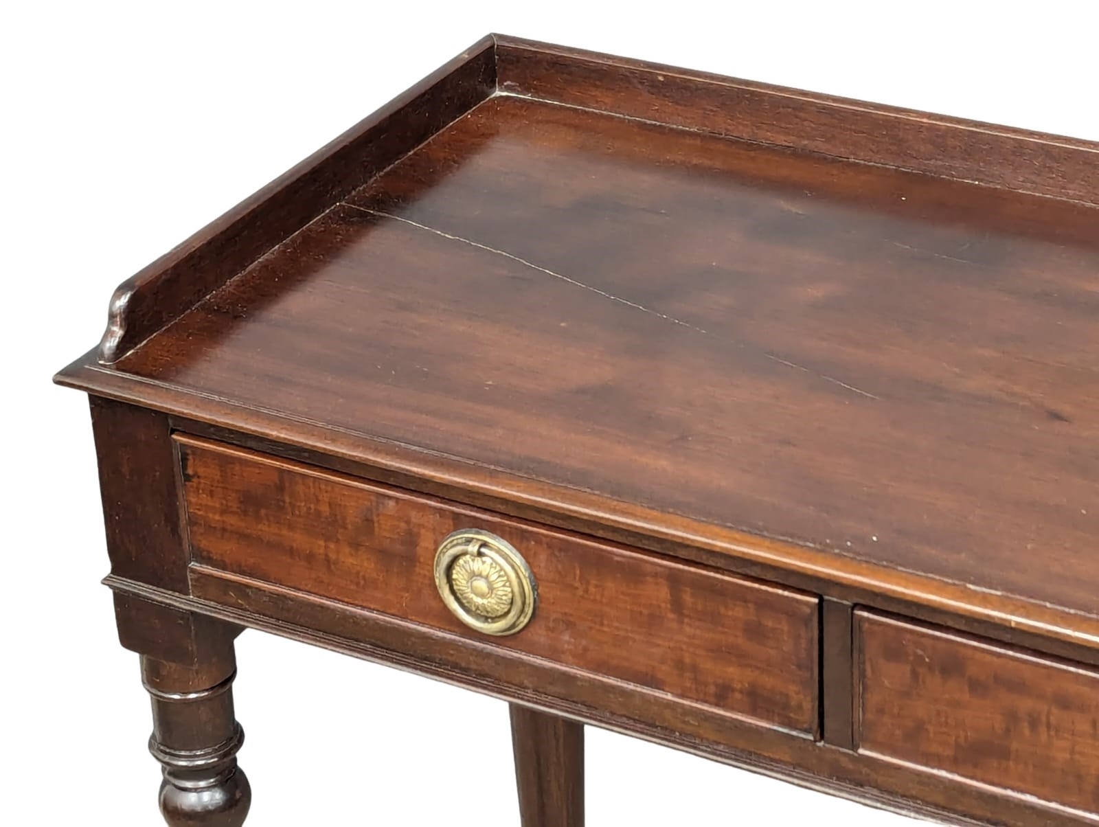 A Victorian mahogany gallery back hall table with 2 drawers with turned tapering legs. 79.5x38x78cm - Image 5 of 6