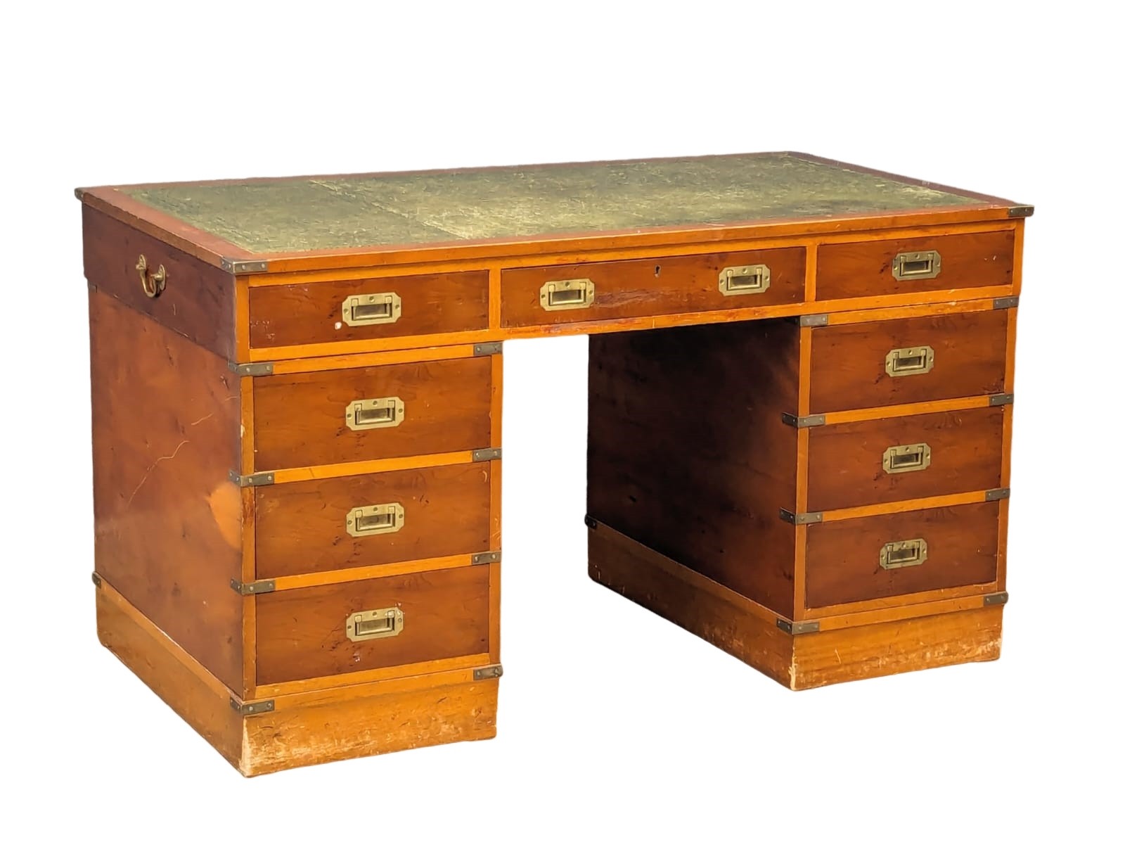 A Campaign style yew wood pedestal desk with leather top. 135x74x78cm