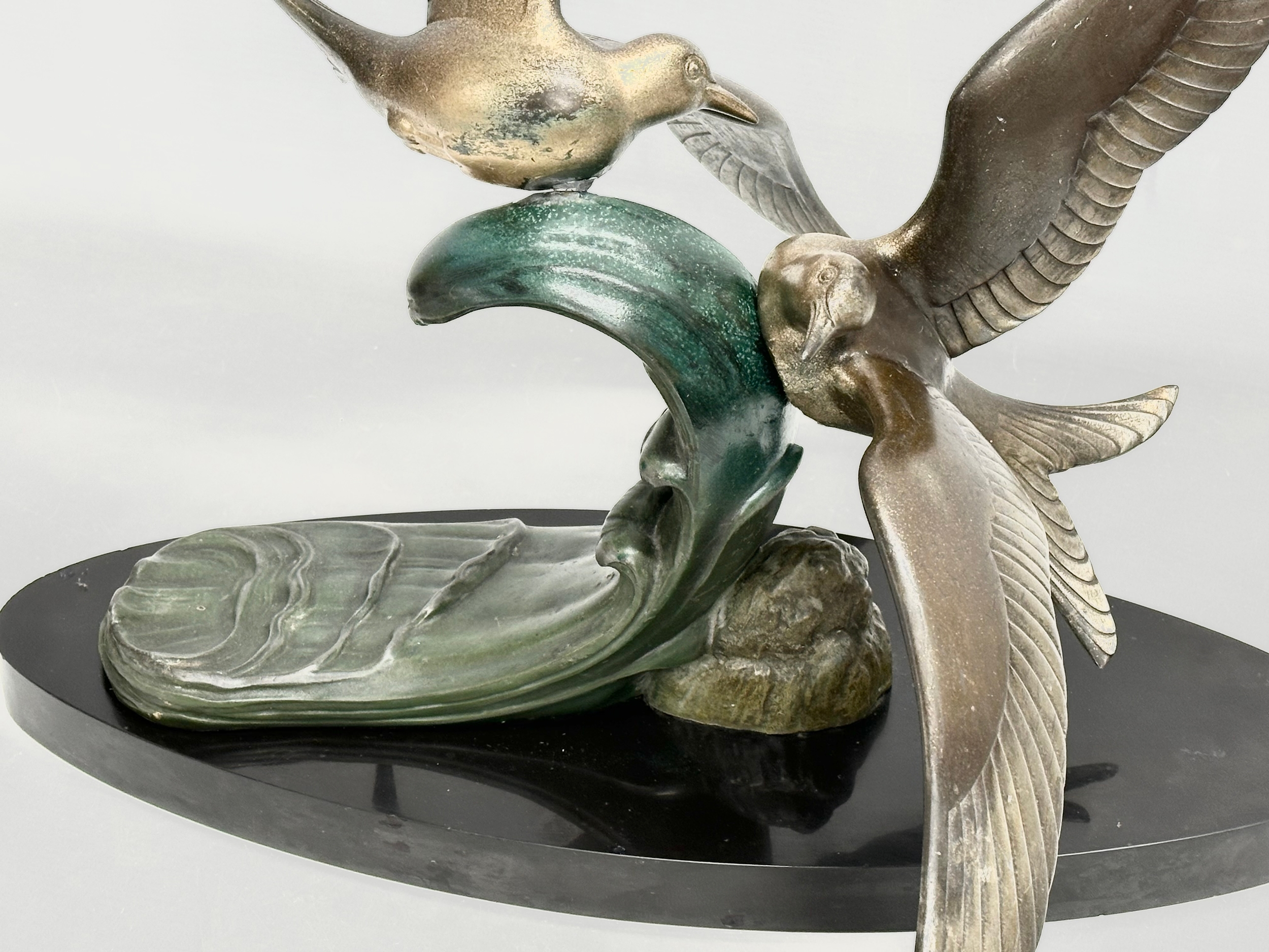 A large 1920’s Art Deco ‘Paradis’ spelter figure on slate base. 47x45x50cm - Image 4 of 7