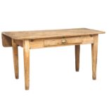 A 19th Century pine farmhouse table on square tapering legs with drawer and 1 drop-leaf, Circa